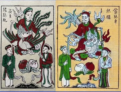 Tranh đôi Đông Hồ: Ông Tơ và Bà Nguyệt, hai vị thần se duyên, ngự trên linh vật giữa mây, hai bên có người hầu